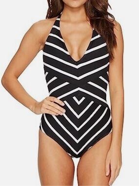 Lauren Ralph Lauren Deauville Black and White Striped Halter One-Piece Swim